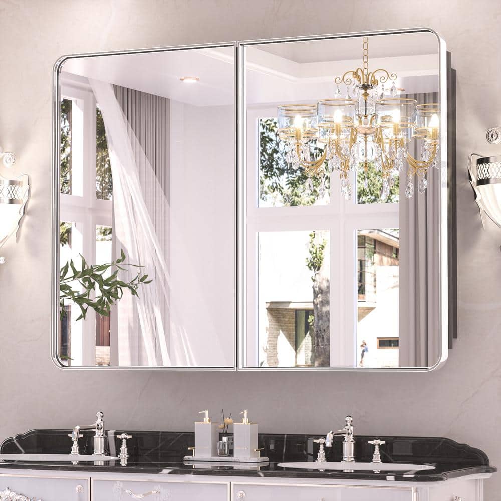 KeonJinn 40 in. W x 32 in. H Rectangular Chrome Stainless Steels Framed ...