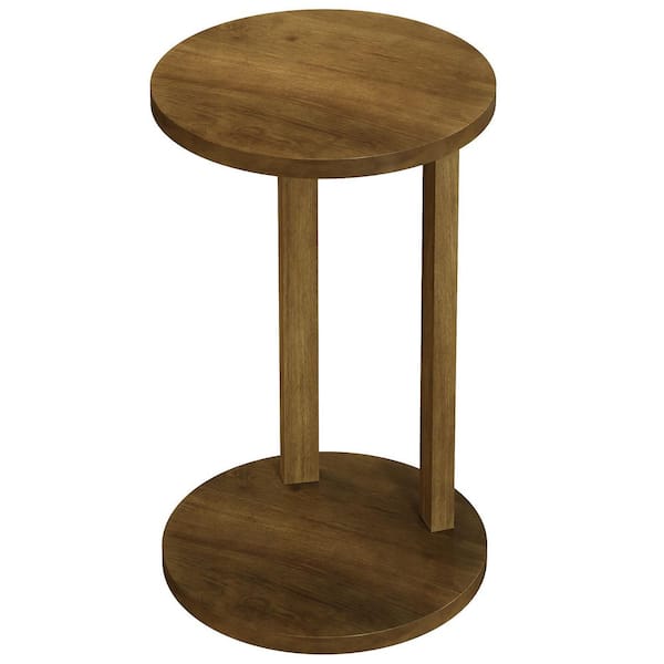 Light Walnut 16 in. Round Farmhouse 2-Tier End Table with Solid Wood Legs, Nightstand Living Room, Bedroom Small Spaces