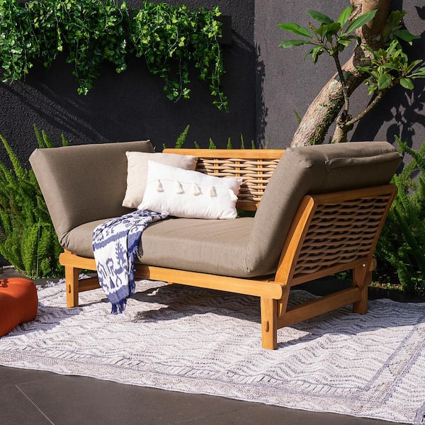 Cambridge Casual Auburn Teak Wicker Outdoor Convertible Sofa Day Bed with Sunbrella Cast Shale Cushion