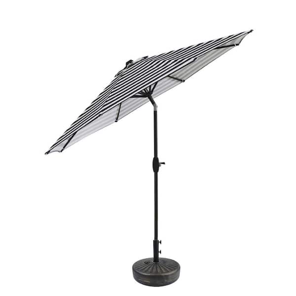 Tristen 9 ft. Outdoor Patio Crank and Tilt Market Umbrella in Black/White Stripe with Bronze Round Fillable Plastic Base