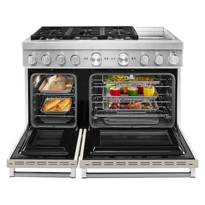 48 in. 6.3 cu. ft. Smart Double Oven Dual Fuel Range with True Convection in Milkshake with Griddle