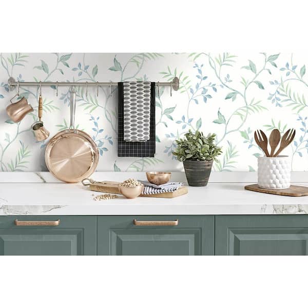 Watercolor Leaf Trail Seaglass Botanical Vinyl Peel & Stick Wallpaper Roll (Covers 30.75 Sq. Ft.)