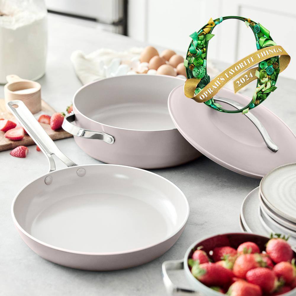 Pink Ceramic Nonstick Aluminum Fry Pan Set with Lid, 3-Piece
