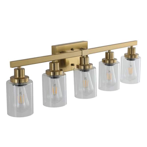 31.1 in. 5-Light Gold Bath Vanity Light with E26 Sockets and Clear Glass Cylinder Shade