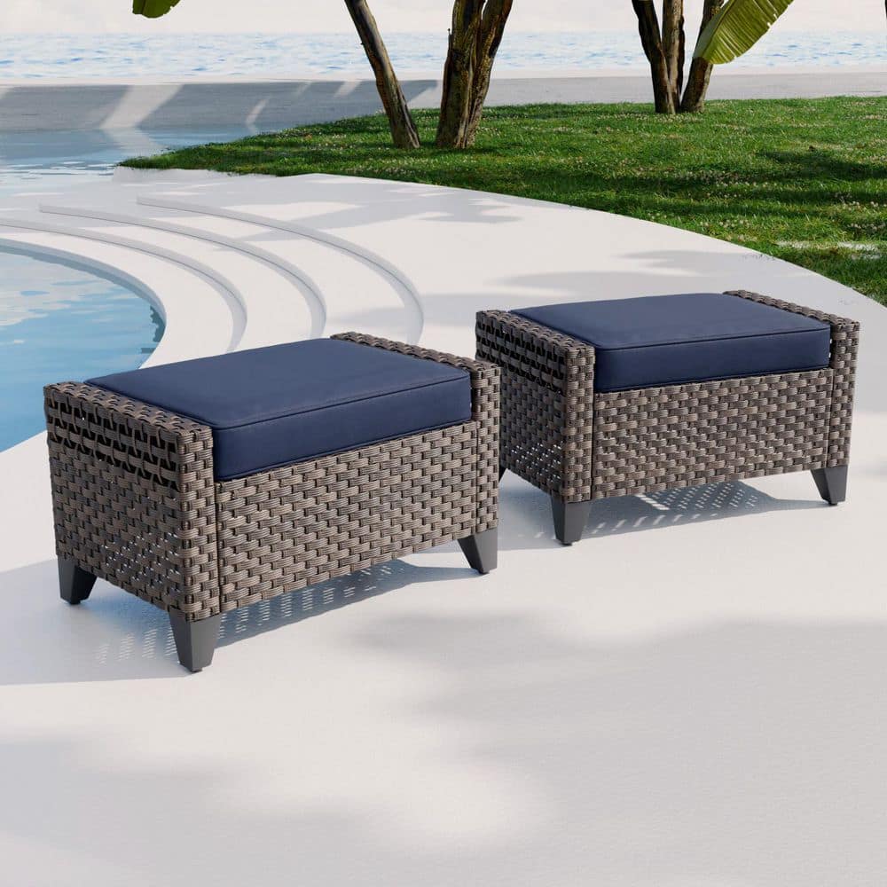 2-Piece Brown Wicker Outdoor Ottoman Patio Rattan Footstool with Removable Blue Cushions