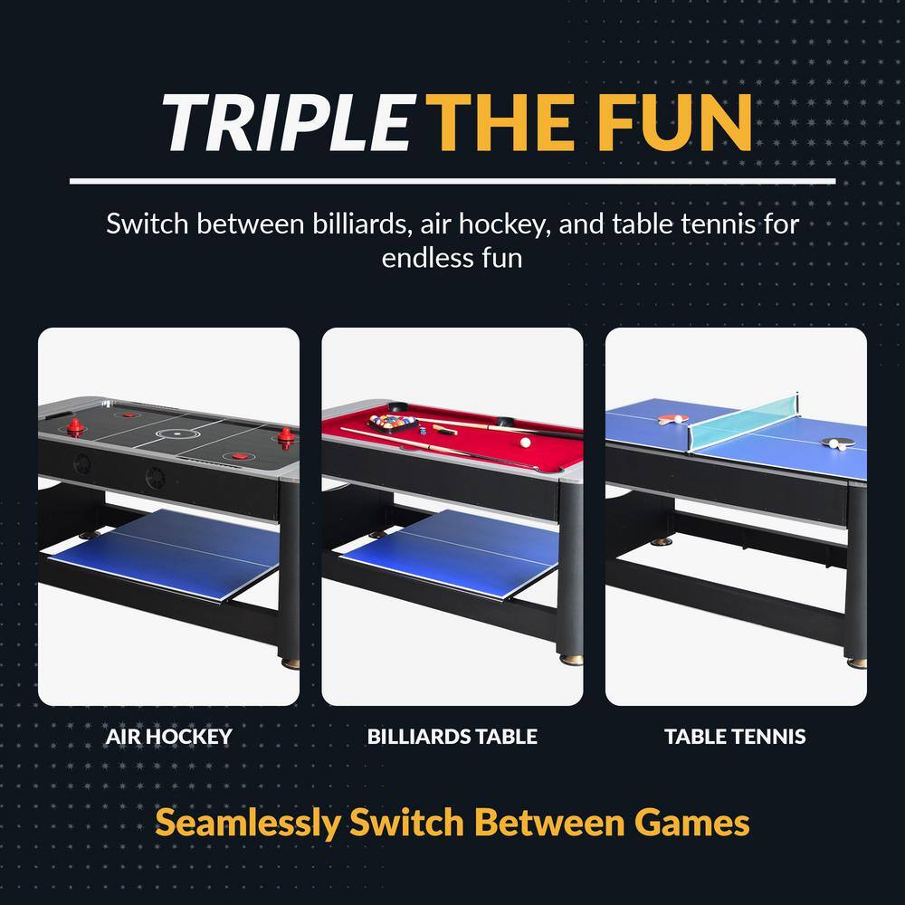 Triple Threat 6-ft 3-in-1 Multi Game Table with Billiards, Air Hockey, and Table Tennis