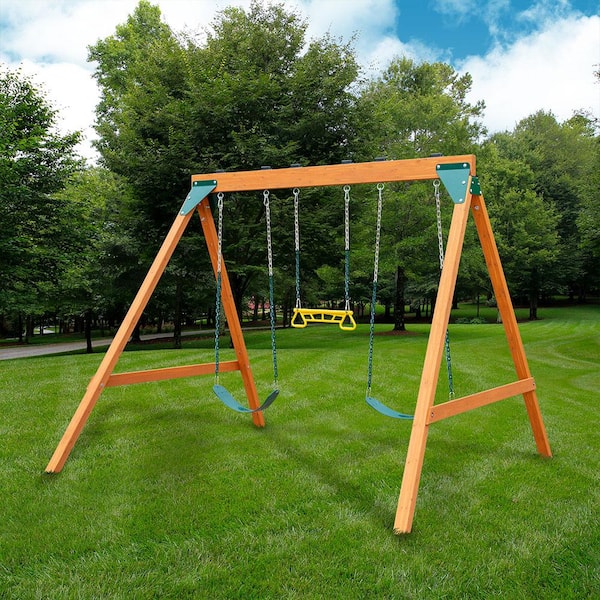 DIY A-Frame Wooden Outdoor Swing Set with Swings and Trapeze Bar