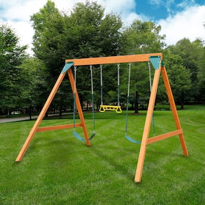A-Frame Wooden Swing Set with 2-Belt Swings and Ring/Trap Combo