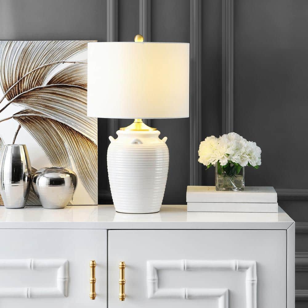 Ivory Ceramic Urn Table Lamp with Gold Accents