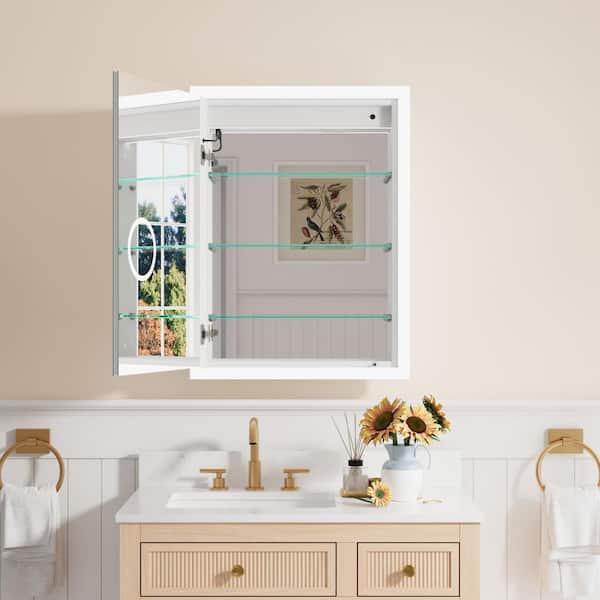 ANGELES HOME 24.01 in. W x 32 in. H Rectangular Aluminum Medicine Cabinet with Mirror & Light, Anti-Fog, 3X Magnifier, Left Open