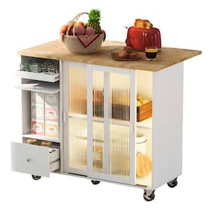 White Kitchen Island Cart with Drop Leaf, Kitchen Cart with LED Light and Storage Cabinet, Changeable Wheels or Feet