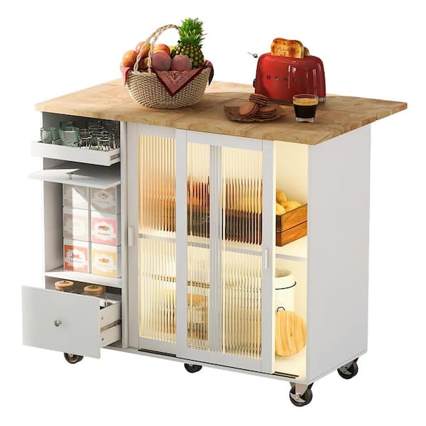 YOFE White Kitchen Island Cart with Drop Leaf, Kitchen Cart with LED ...