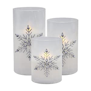 Battery Operated Glass Silver Snowflake Hurricanes - Set of 3