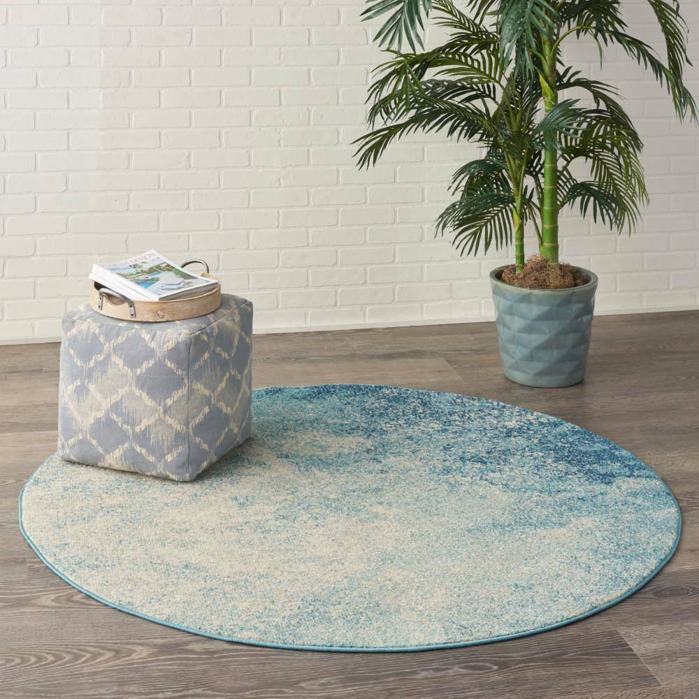 Navy and Light Blue Round Geometric Synthetic Rug