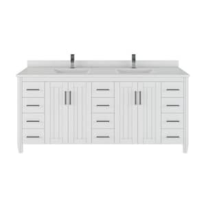 Jake 75 in. W x 22 in. D Bath Vanity in White ENGRD Stone Vanity Top in White with White Basin Power Bar and Organizer