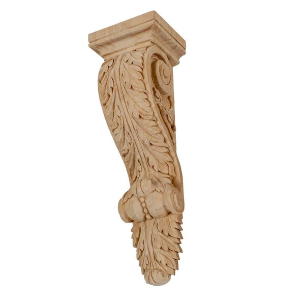 American Pro Decor 10-1/8 in. x 3-1/8 in. x 2-5/8 in. Unfinished Small Hand Carved North American Solid Alder Acanthus Leaf Wood Corbel
