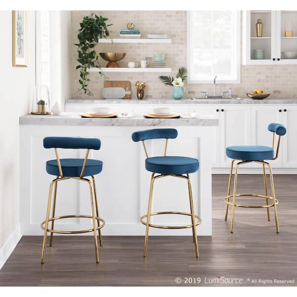 Rhonda 26 in. Blue Velvet and Gold Metal Glam Counter Stool (Set of 2)