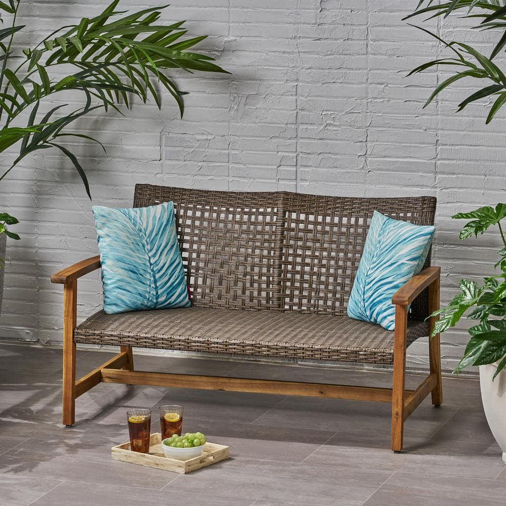 Wooden Acacia Frame Outdoor Patio Hand Woven Wicker Loveseat, Iron Seat Fra