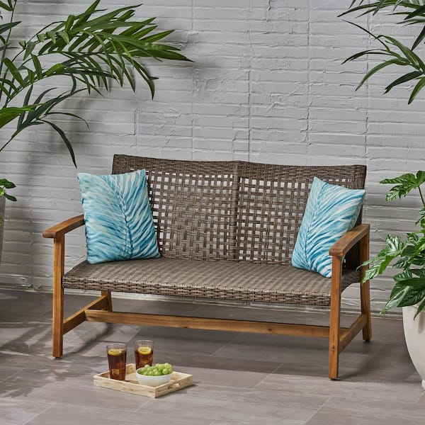 Unbranded Wooden Acacia Frame Outdoor Patio Hand Woven Wicker Loveseat, Iron Seat Frame, Hand Woven Wicker Seat