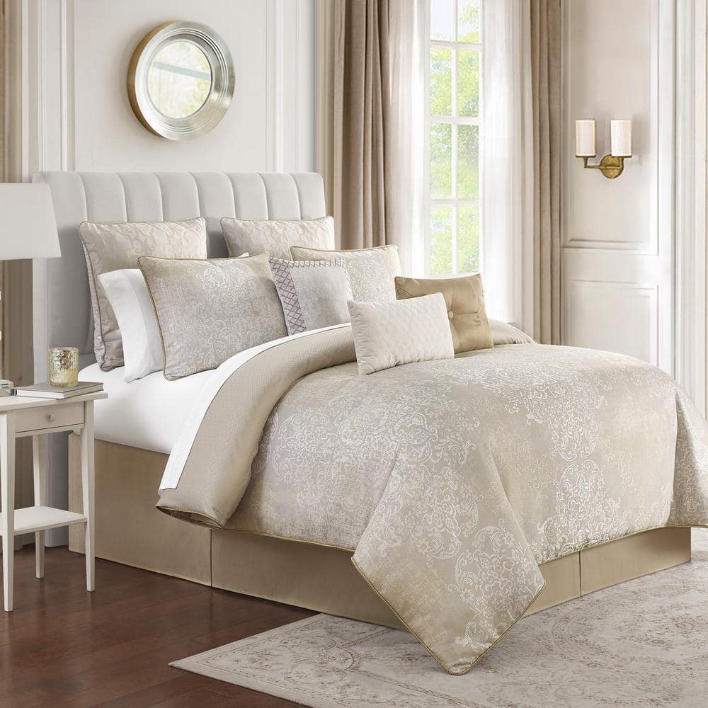 Ivory and Gold Jacquard Queen Comforter Set with Reversible Shams