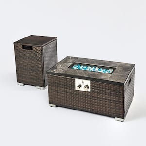 Brown Wicker Rectanglar Outdoor Fire Pit Table with Propane Tank Cover