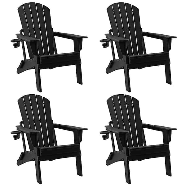 HDPE Folding Adirondack Chair with Cup Holder, Weather-Resistant, Low Maintenance, Supports up to 400lbs, Black, 4 Pack
