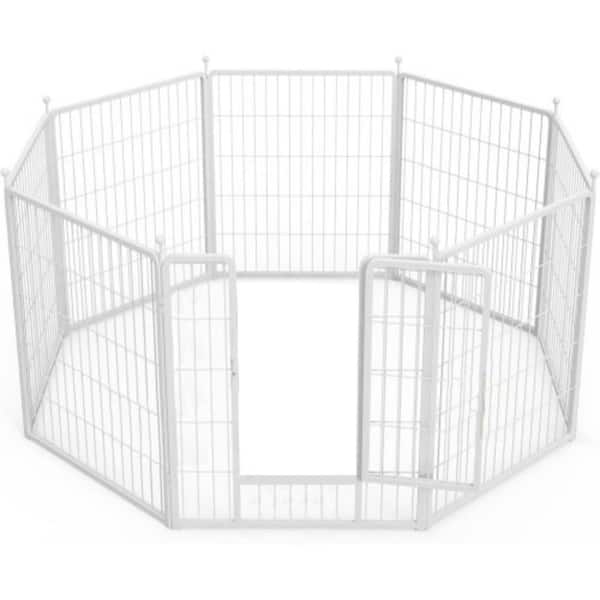 32 in. 8 Panels White Metal Heavy Duty Portable Garden Fence Pet Fence with Door