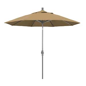 9 ft. Hammertone Grey Aluminum Market Patio Umbrella with Collar Tilt Crank Lift in Straw Olefin
