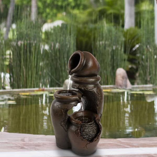 Pure Garden 3-Tier Fountain Decorative Polyresin Clay Pot Electric Hand Painted Cascading Water Feature with 0.9 Gal. Capacity
