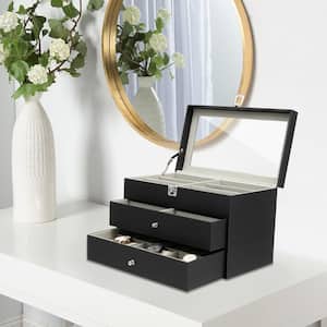 Black Leather 12-Watch and 12-Eyeglasses Organizer Display Box With Metal Buckle