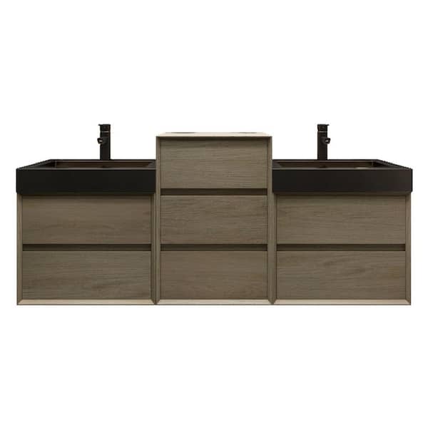 MIA 67 in. W x 20 in. D x 30 in. H Double Sink Middle Cabinet Bath Vanity in Coffee Wood with Black Stainless Steel Top