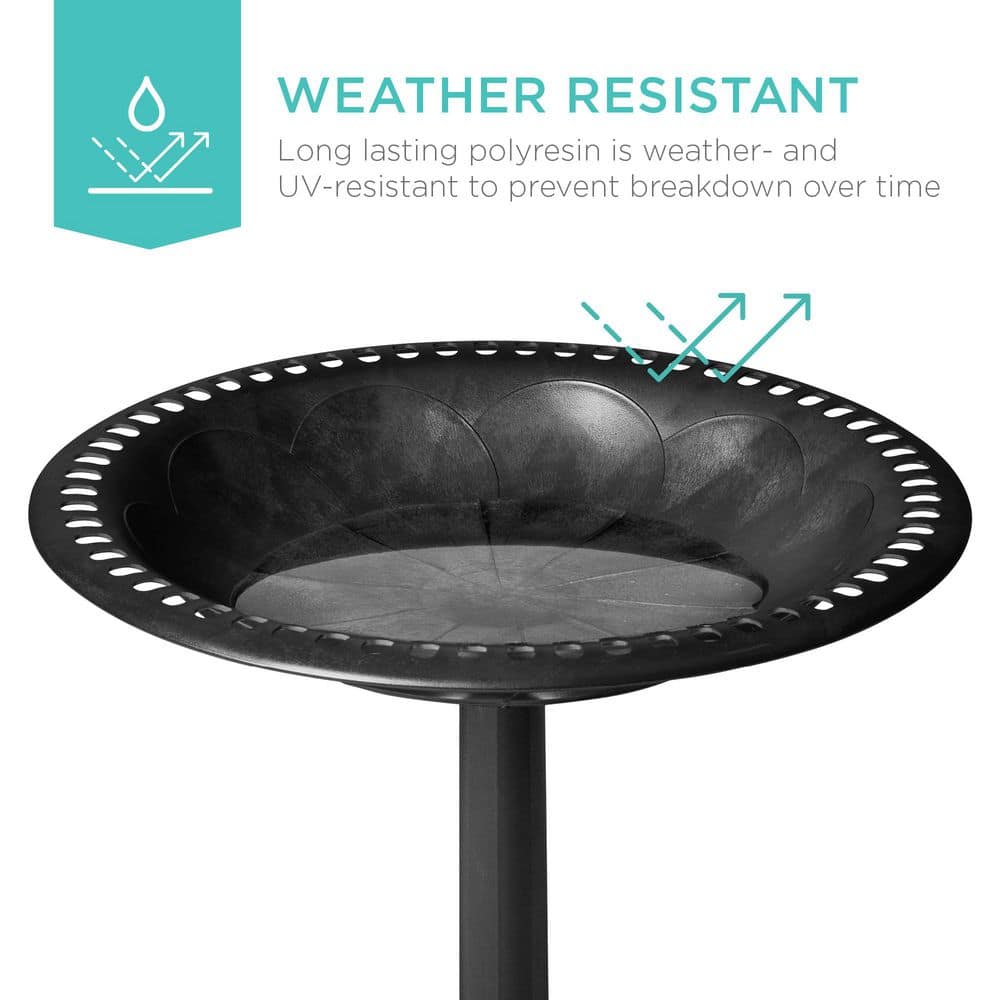 Black Polyresin Outdoor Pedestal Bird Bath with Fleur-de-Lis Accents