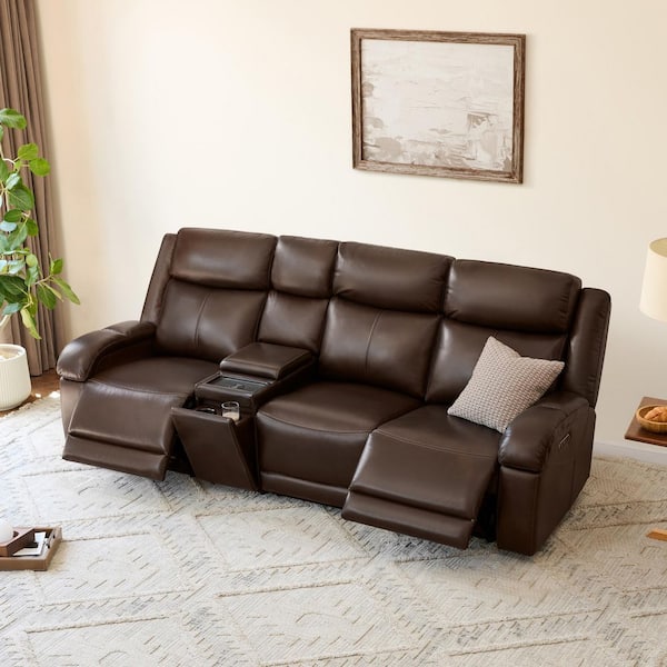 Axel 99.2 Straight Arm Dual Motors Wall Hugger Genuine Leather Rectangle Power Reclining Sofa in Brown with Cup Holders