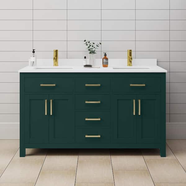 Wyndham Collection Beckett 60 in. W x 22 in. D x 35 in. H Double Sink Bathroom Vanity in Green with White Cultured Marble Top