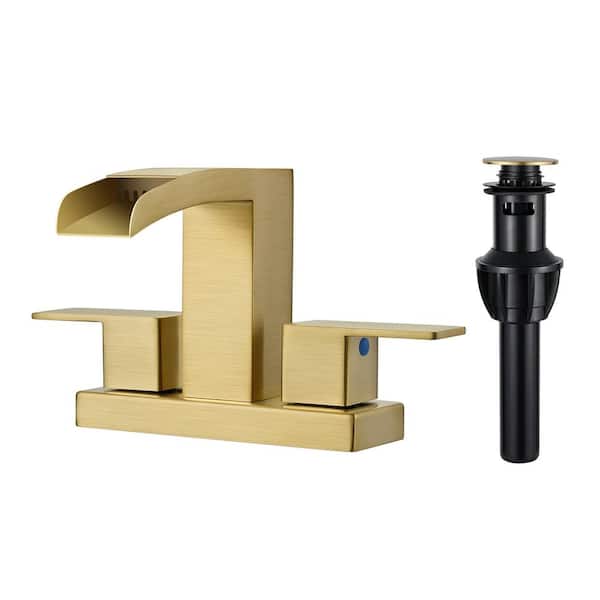Waterfall 4 in. Centerset Double Handle Low Arc Bathroom Faucet with Drain kit Included in Brushed Gold