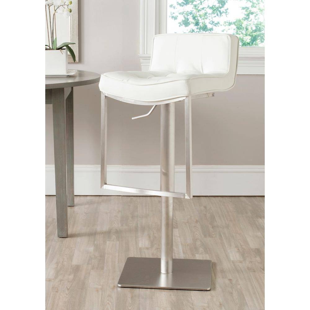 Adjustable White Leather Swivel Bar Stool with Metal Base