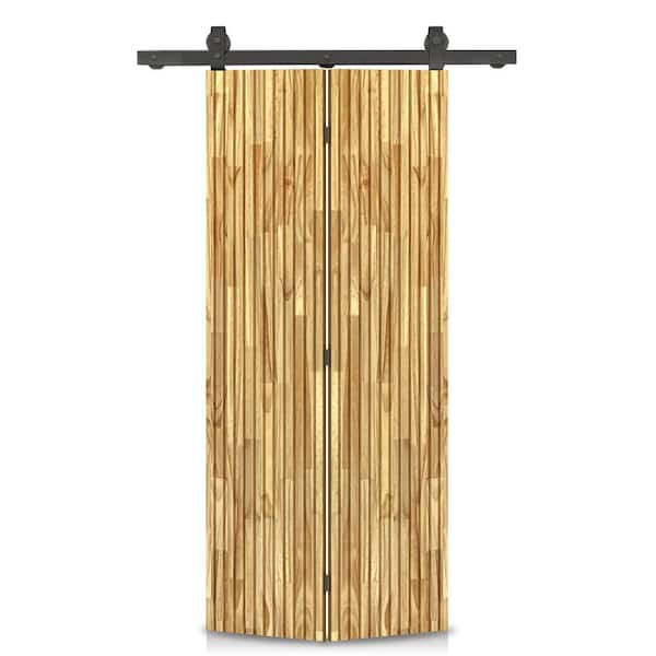 Japanese  38 in. x 80 in. Hollow Core Weather Oak Stained Pine Wood Bi-Fold Barn Door with Sliding Hardware Kit