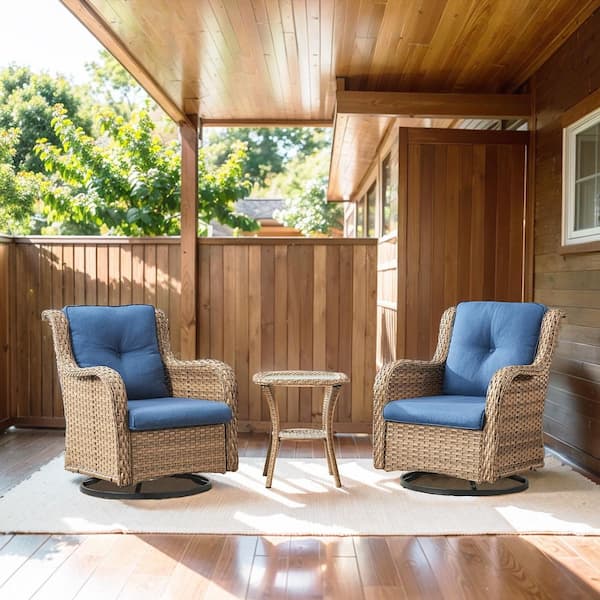 Opohoro ArcoBay 3-Piece Yellow Wicker Swivel Outdoor Rocking Chairs Patio Conversation Set with Olefin Blue Cushions