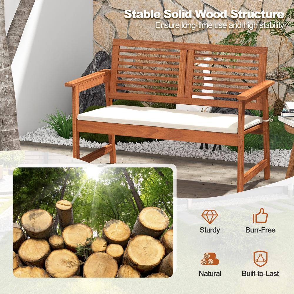 Natural Brown Solid Wood Outdoor Bench with Off-White Cushion