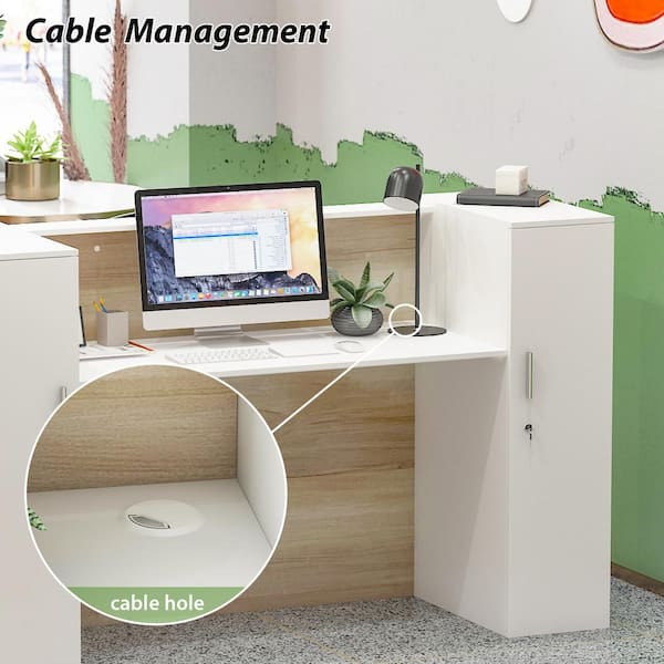 70.9 in. W Rectangular White and Wood Grain Wooden Executive Computer Desk with Large Tabletop, 6-Shelves and 2-Doors