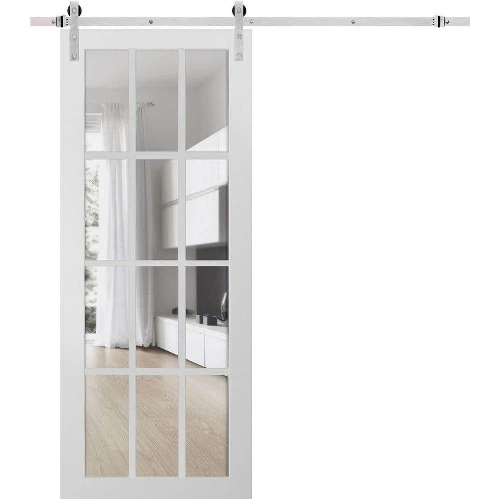 Sartodoors 3355 32 in. x 80 in. Full Lite Clear Glass Matte White Finished Solid Wood Sliding Barn Door with Hardware Kit