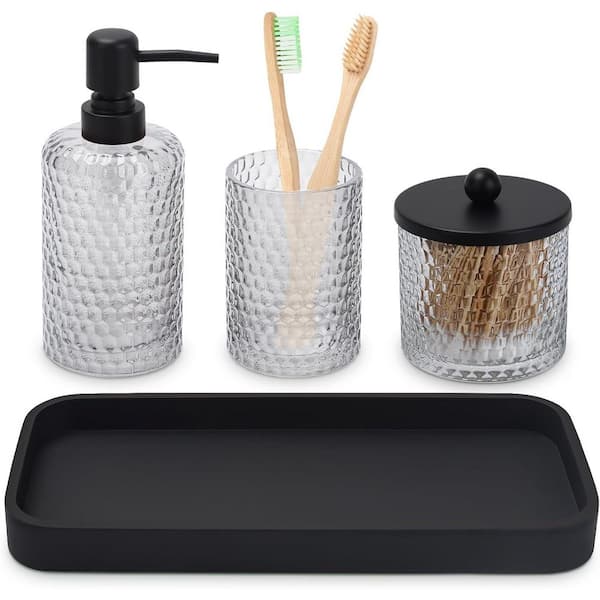4-Piece Bathroom Accessory Set with Soap Dispenser, Toothbrush Holder,Qtip Holder Dispenser and Vanity Tray in Clear
