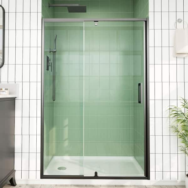 44 in. to 48 in. W x 72 in. H Framed Pivot Shower Door in Matte Black with Clear Tempered Glass