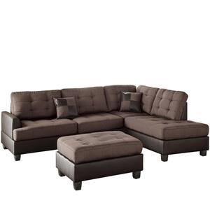Stapleton 70 in. 3-Piece L-Shape Linen and Faux Leather Sectional in Brown Chocolate with Reversible Chaise and Ottoman