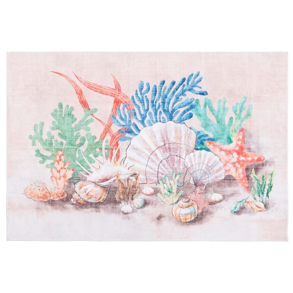 Door and Kitchen Mat Peach/Green 4 ft. x 6 ft. Machine Washable Coral Area Rug