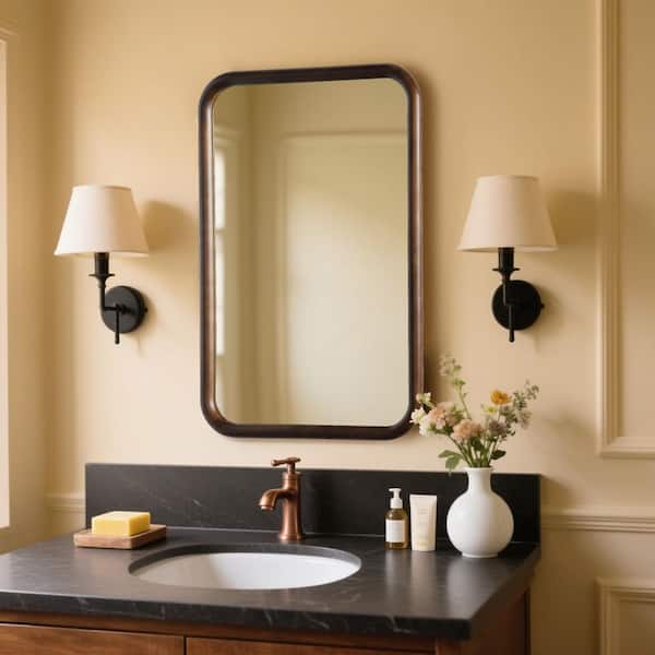 24 in. W x 36 in. H Modern Rectangular Brown Pine Wooden Framed Wall Bathroom Vanity Mirror