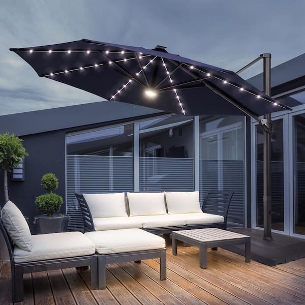 11 ft. Solar LED Round Aluminum Cantilever Outdoor Umbrellas with Base Stand in Navy Blue