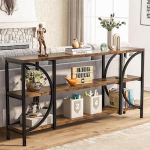 Catalin 70.86 in. Rustic Brown Standard Rectangle Wood Sofa Console Table with 3-Tier Storage Shelves