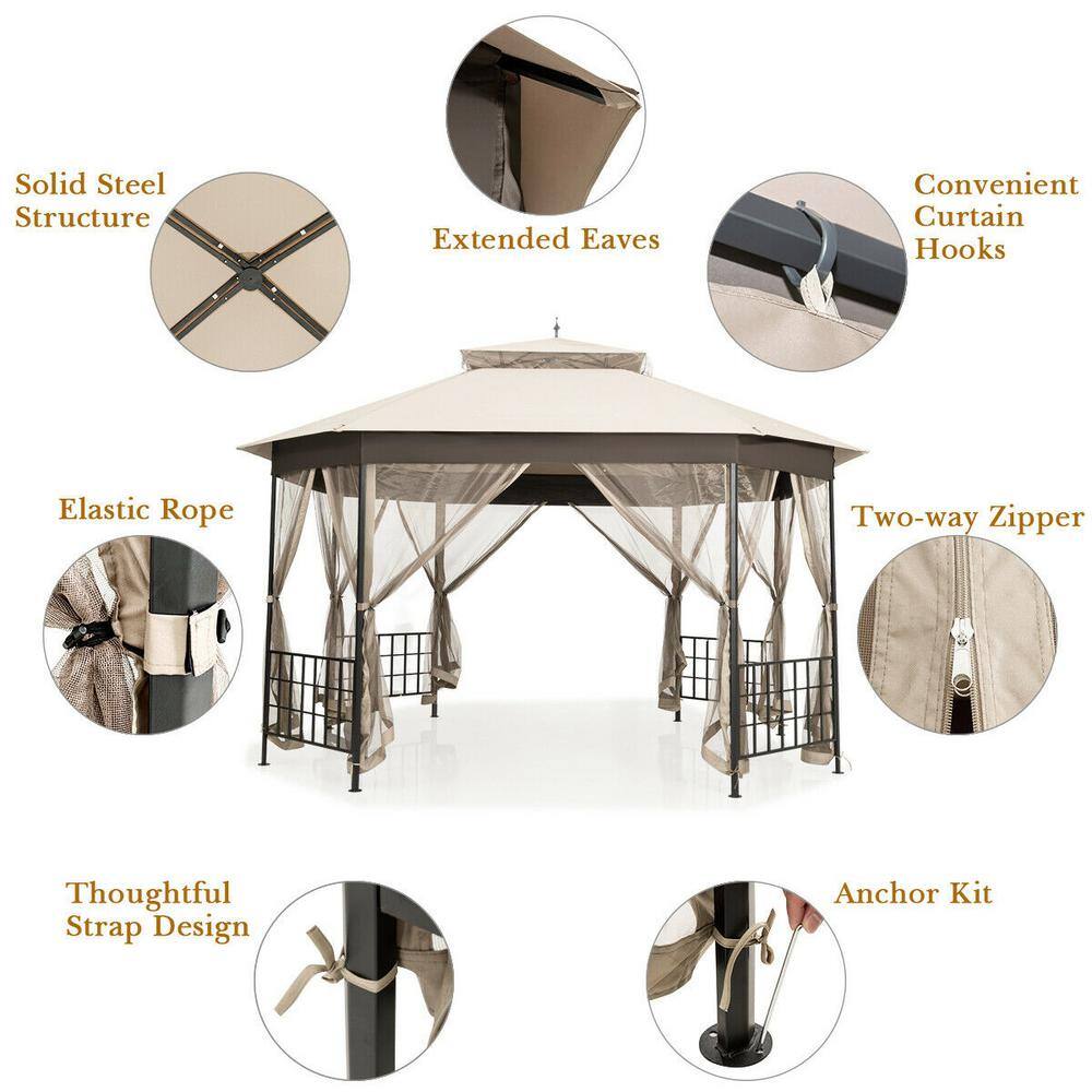 12-ft x 10-ft Beige Metal Polyester Octagonal Gazebo