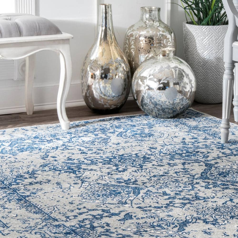 Light Blue Floral Reversible Square Synthetic Area Rug, 6'